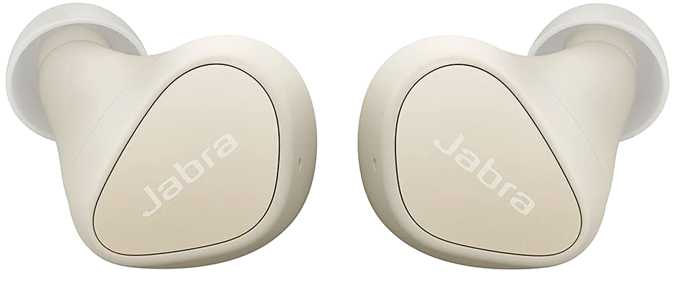 Fehér Jabra fülhallgatók. Mindegyiken a Jabra logó. Fekete háttéren.