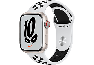 APPLE Watch Nike Series 7 (GPS + Cellular) 41 mm - Montre intelligente (Taille unique : 130-200 mm, Fluoroélastomère de haute qualité exclusif, Lumière stellaire/Platine pur/Noir)