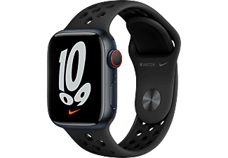 APPLE Watch Nike Series 7 (GPS + Cellular) 41 mm - Smartwatch (One Size: 130–200 mm, Hochleistungs-Fluorelastomer, Mitternacht/Anthrazit/Schwarz)