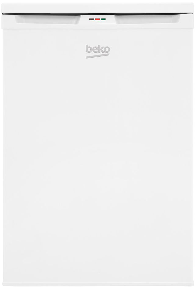 Weißer Beko Mini-Kühlschrank. Er hat das Beko-Logo und drei Kontrollleuchten oben.