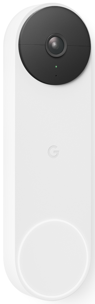 Witte Google Nest deurbel met camera en ronde knop, op een wit oppervlak.