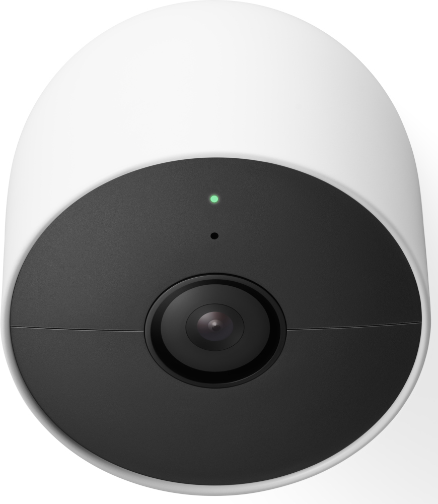 Une caméra de sécurité blanche avec un cercle noir. La caméra a une lumière verte.