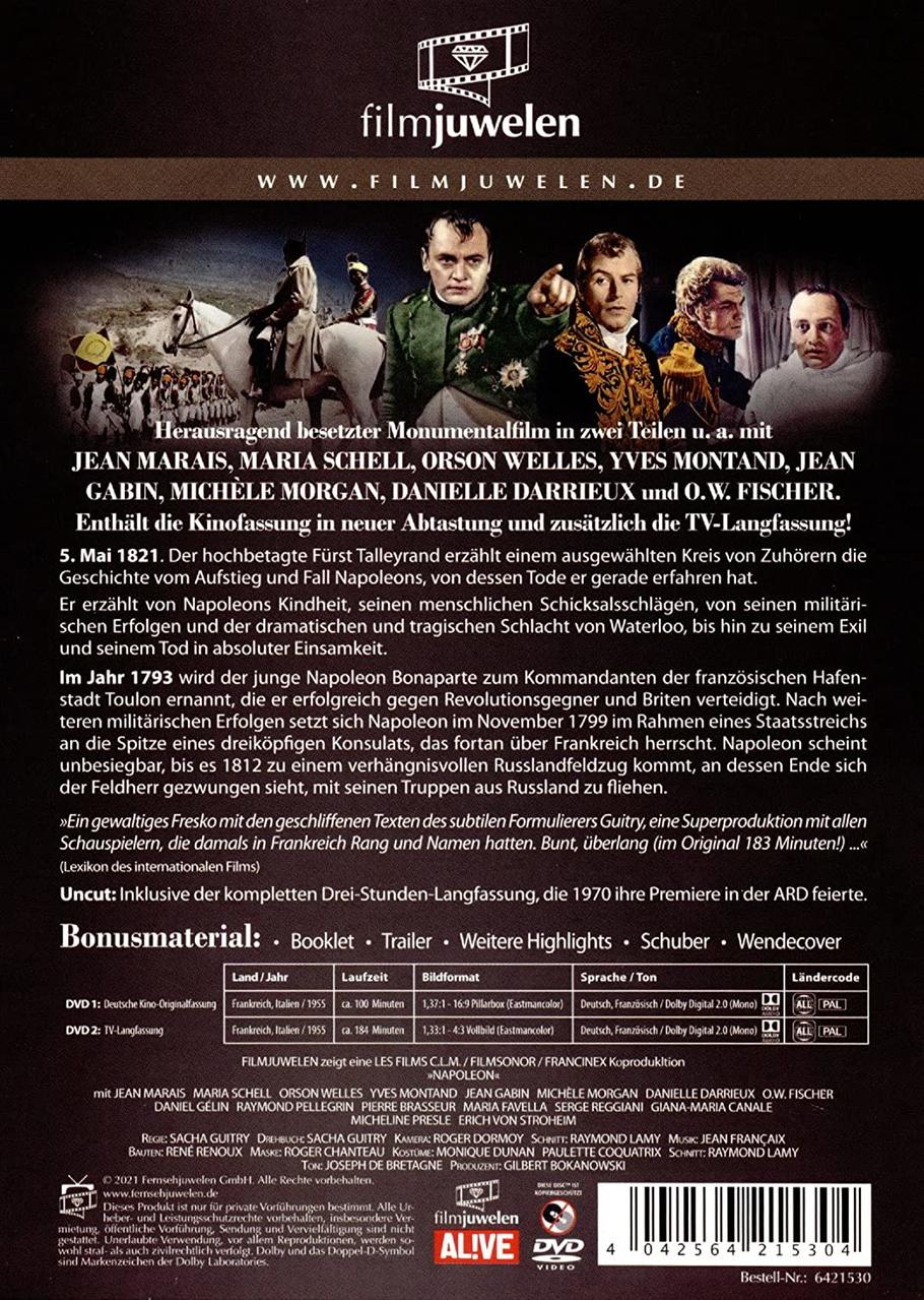 DVD-Rückseite auf Deutsch mit Bildern von Napoleon Bonaparte und Text. Historischer Kontext.