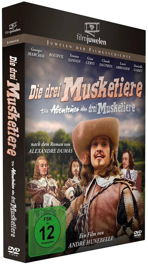 DVD-Cover von "Die drei Musketiere". Schauspieler und Titel auf Deutsch. Schwarze Hülle.