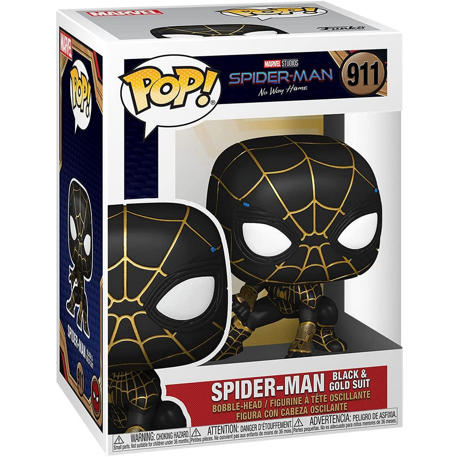 Una figura Funko Pop de Spider-Man con traje negro y dorado, en una caja.