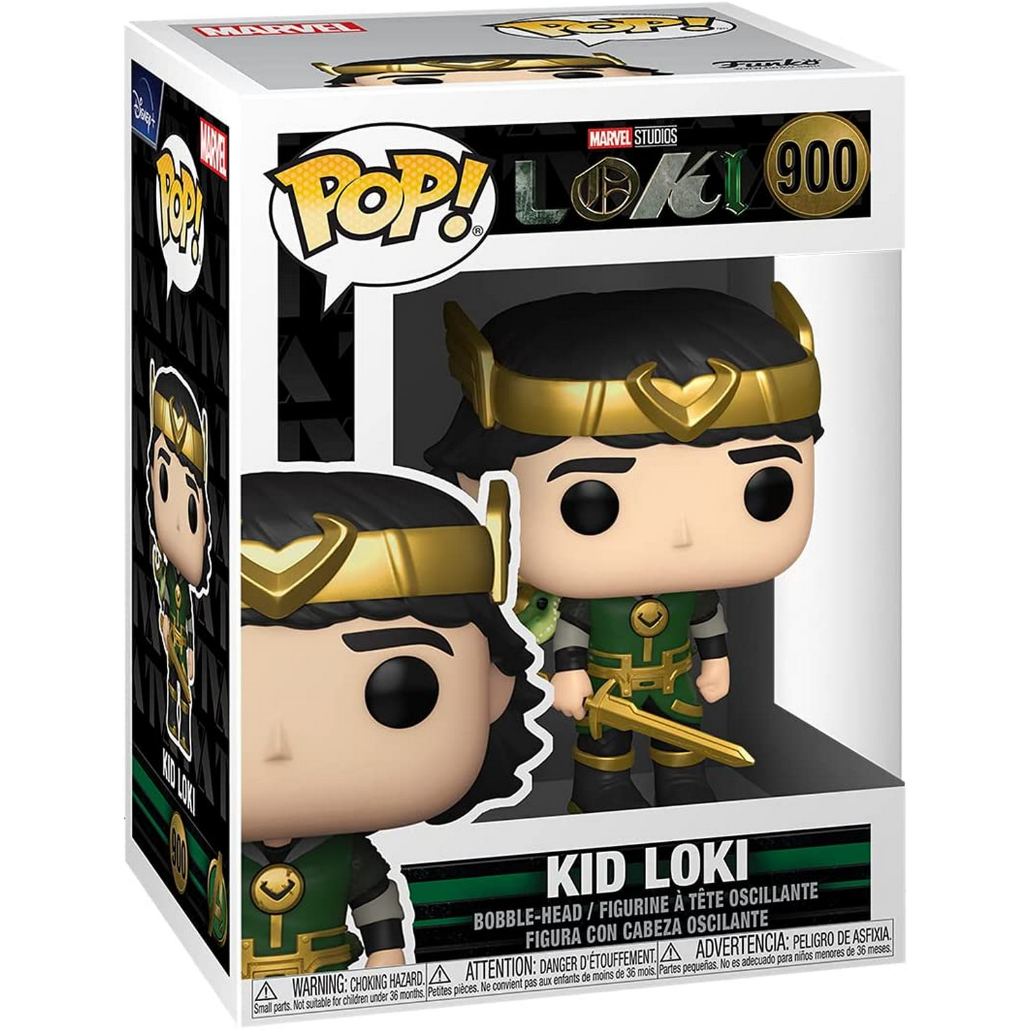 Una figura Funko Pop! de Kid Loki en una caja, con el personaje con casco dorado y espada.