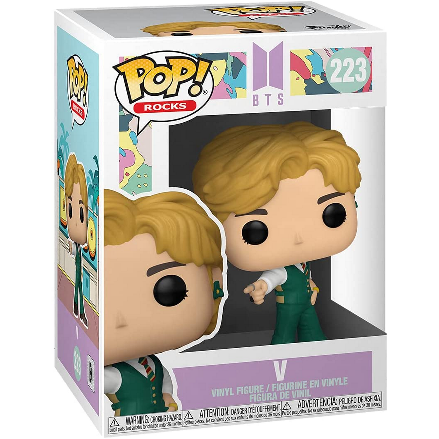 Figura de BTS V en una caja. La figura usa verde y tiene cabello rubio. La caja es blanca.