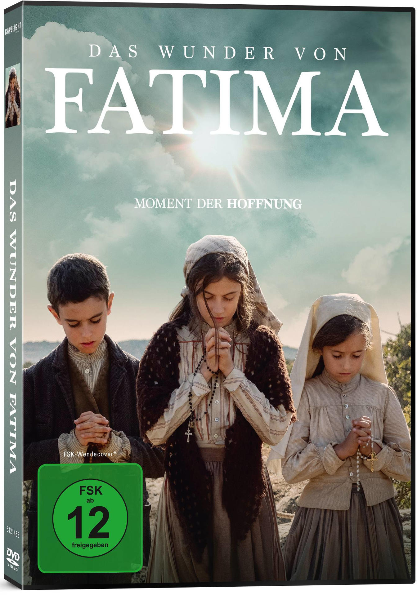 DVD-Cover von 'Das Wunder von Fatima'. Drei betende Kinder. Text auf Deutsch. Grünes FSK-Label.