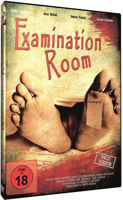 DVD-Cover des Films 'Examination Room'. Füße mit einem 'Autopsy'-Anhänger. Roter und grüner Text.
