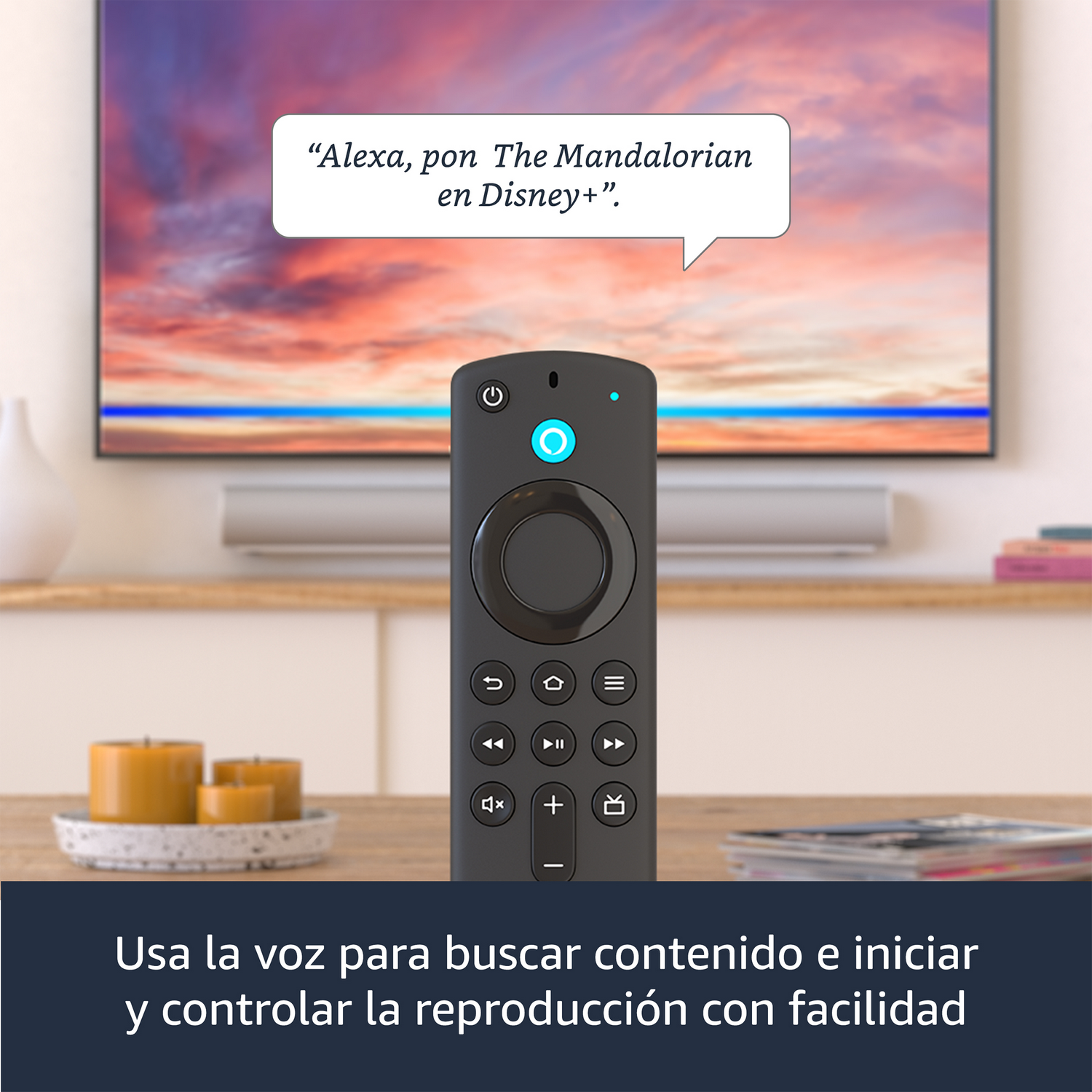 Control remoto de TV negro con una burbuja de diálogo de comando de voz.