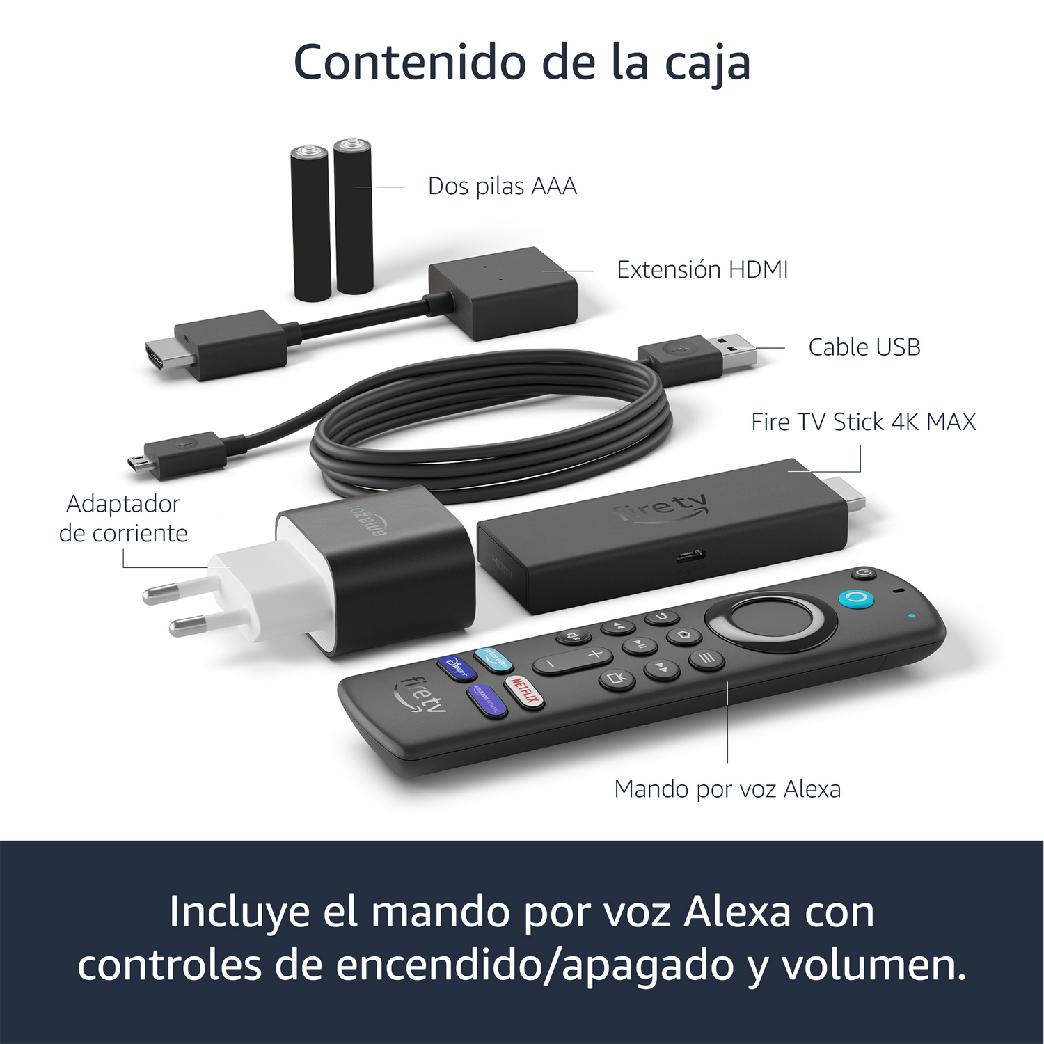 Fire TV Stick 4K MAX en caja con accesorios. Incluye mando, adaptador de corriente, extensor HDMI y pilas.