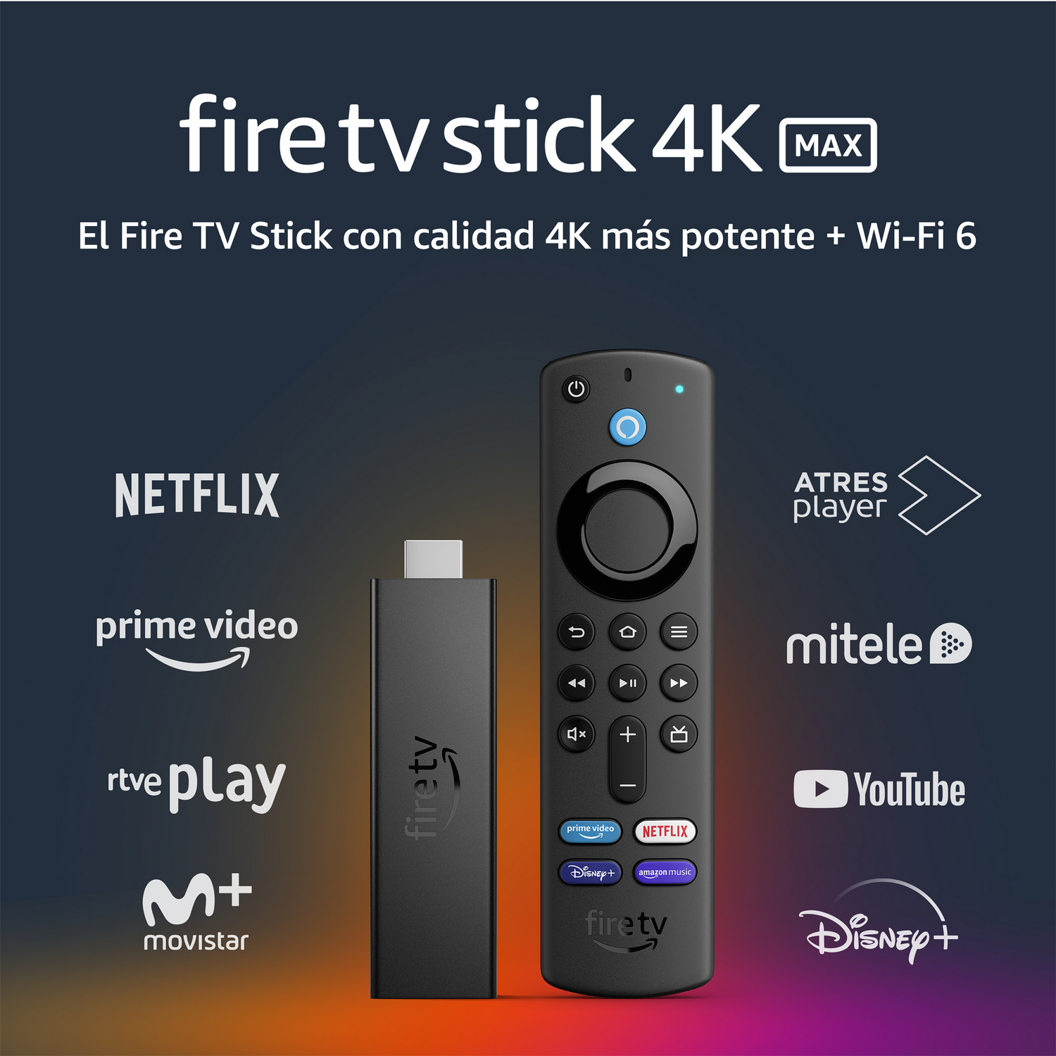 Un Fire TV Stick 4K MAX y mando a distancia. Aplicaciones como Netflix, Prime Video y otras son visibles.