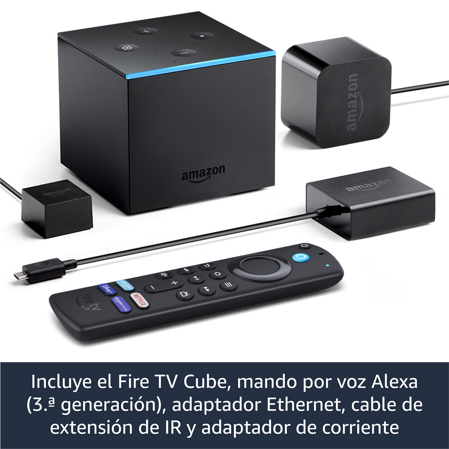 Amazon Fire TV Cube negro con accesorios y un mando a distancia.