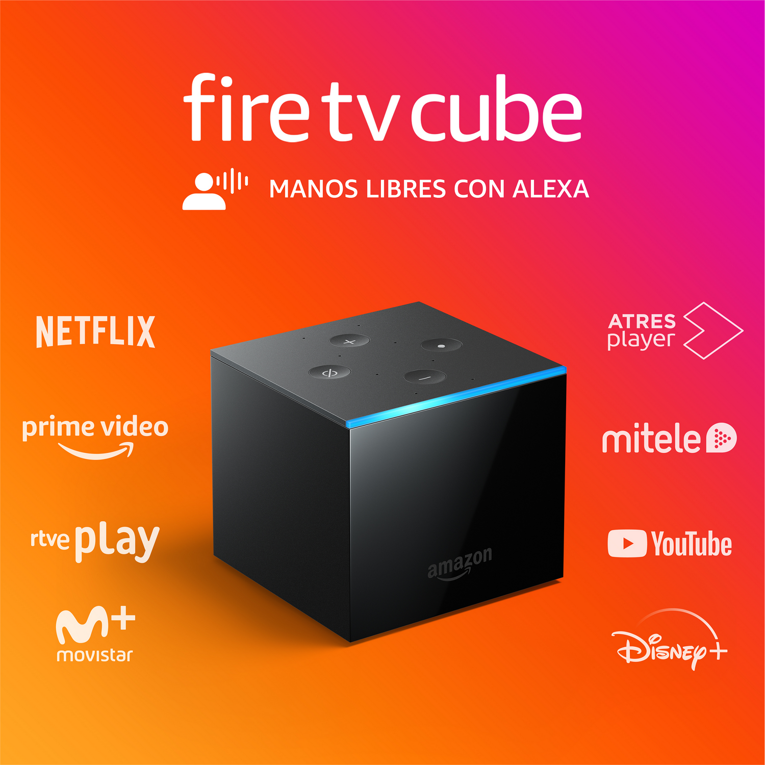 Un Fire TV Cube negro con logos de servicios de streaming.