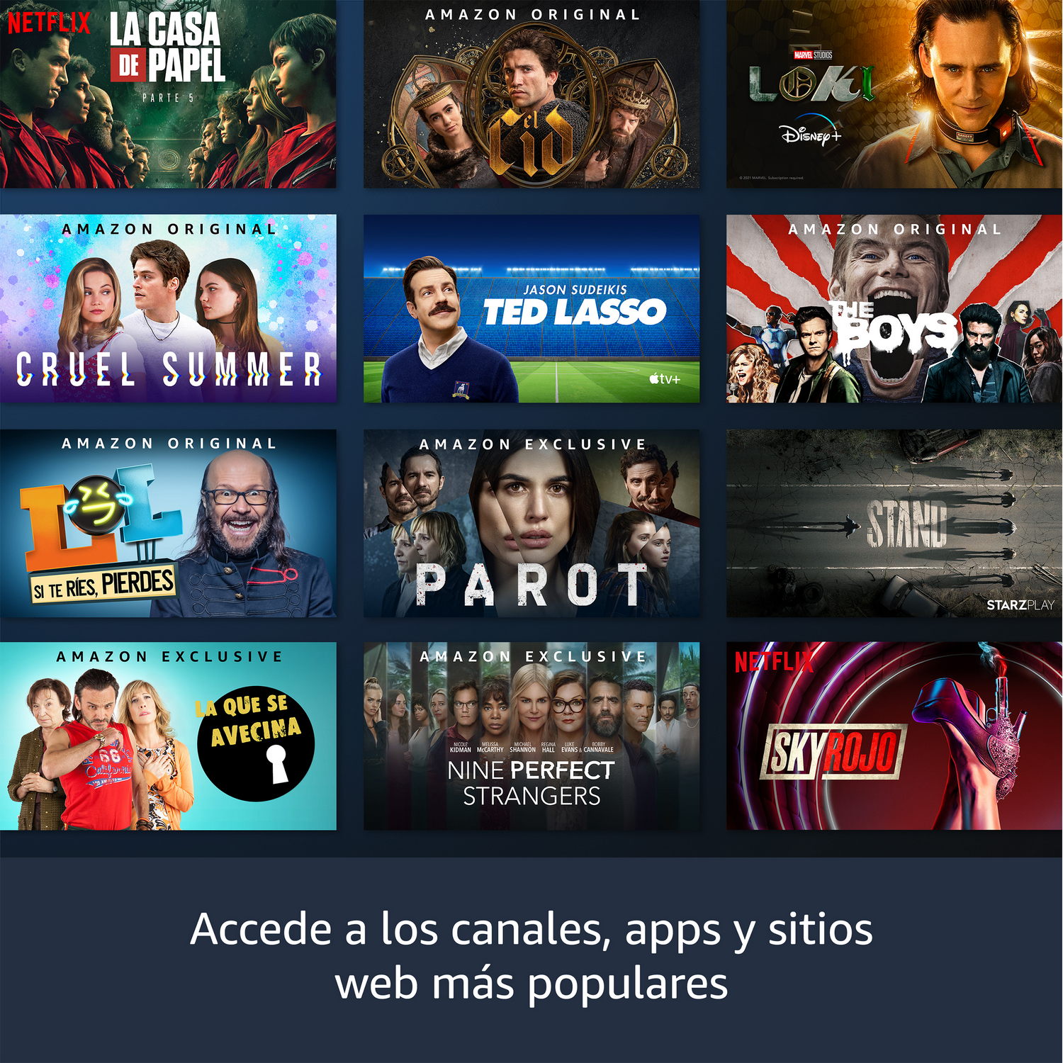 Collage de carteles de series de streaming. Varias series de TV sobre fondo azul oscuro.