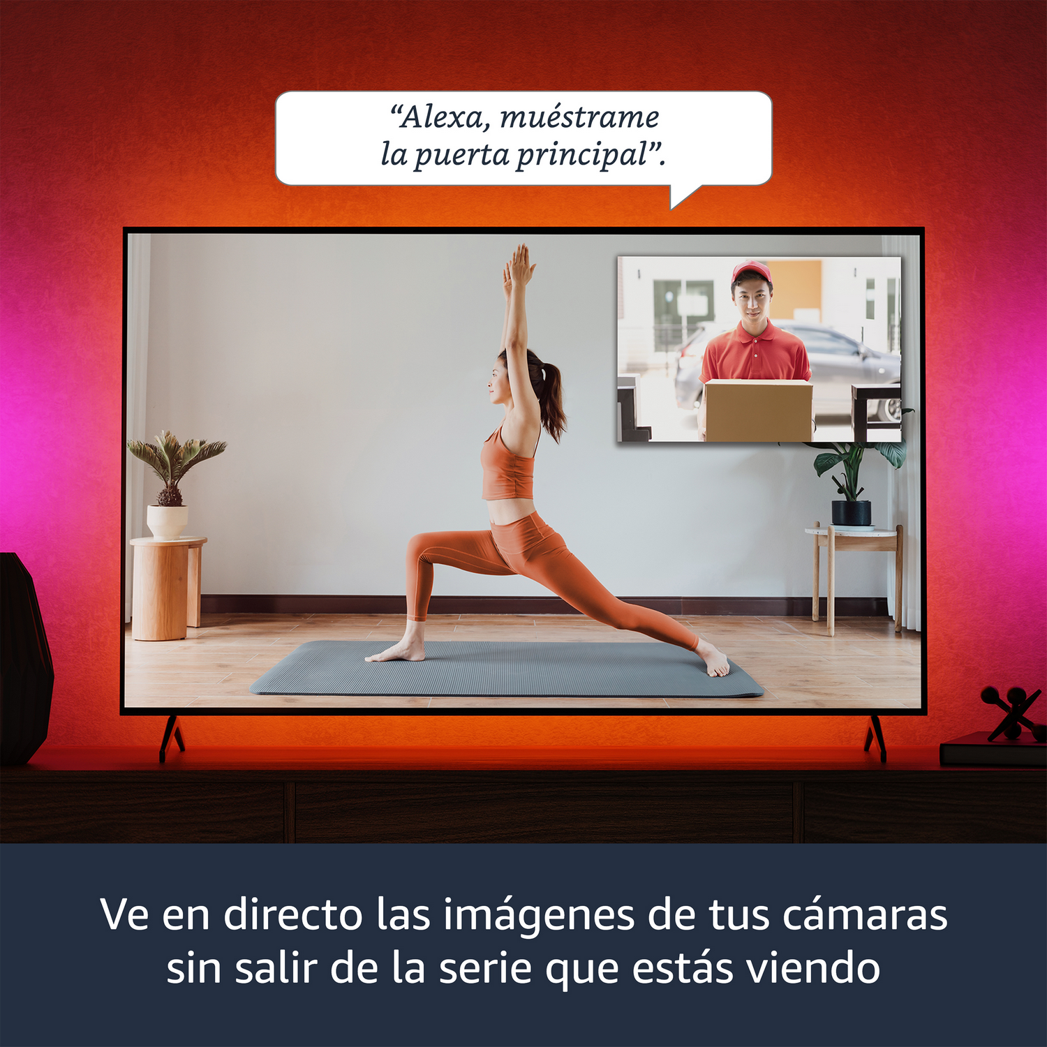 Mujer haciendo yoga en TV, hombre de camisa roja en la pantalla. Texto en español.