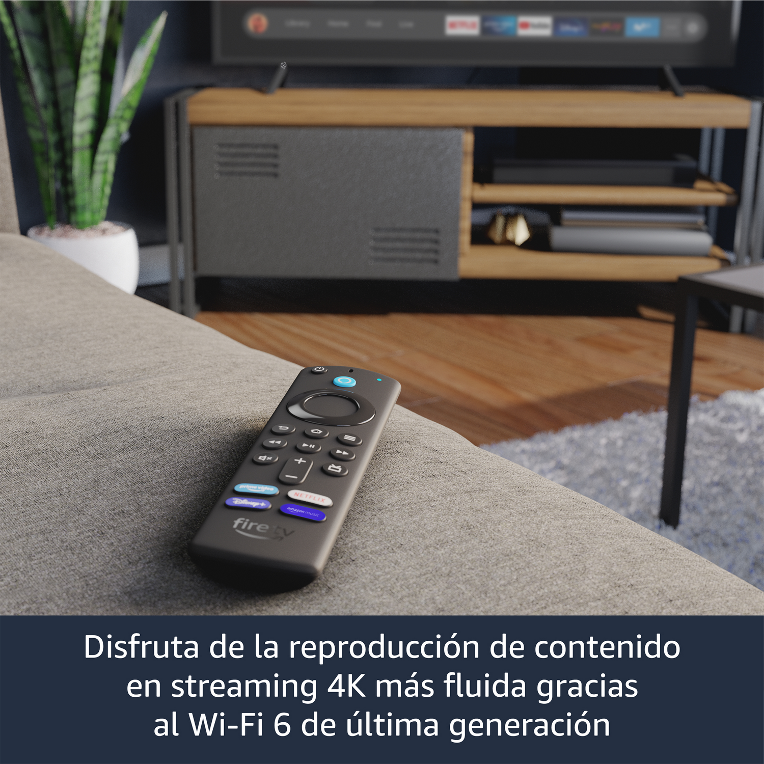 Mando Fire TV en un sofá. Texto: Disfruta streaming 4K con Wi-Fi 6.