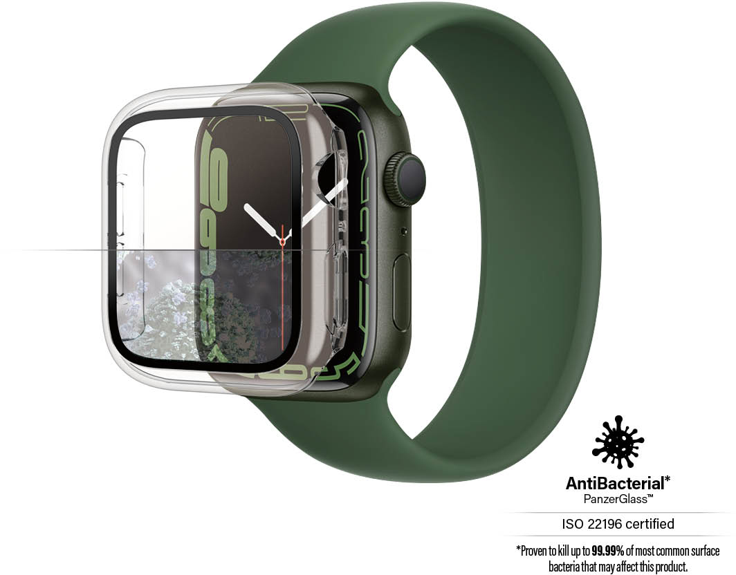 Een Apple Watch met een schermbeschermer en een groene horlogeband.