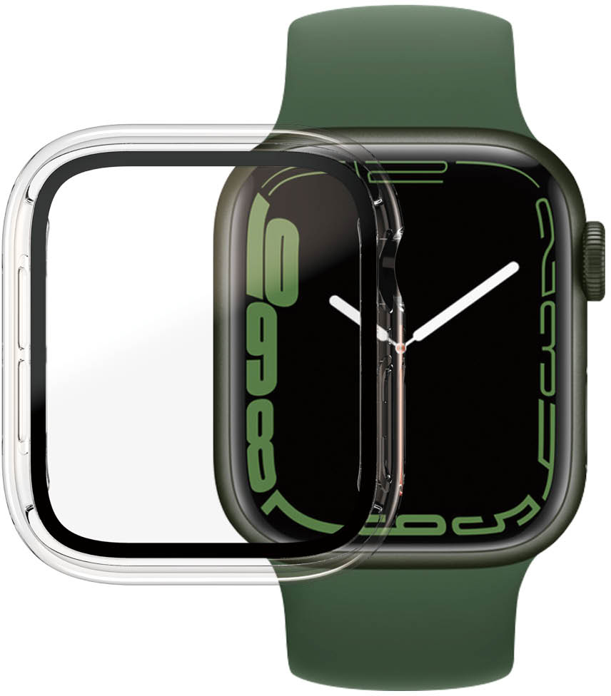 Een Apple Watch met een beschermhoes, die de tijd en een groene horlogeband weergeeft.