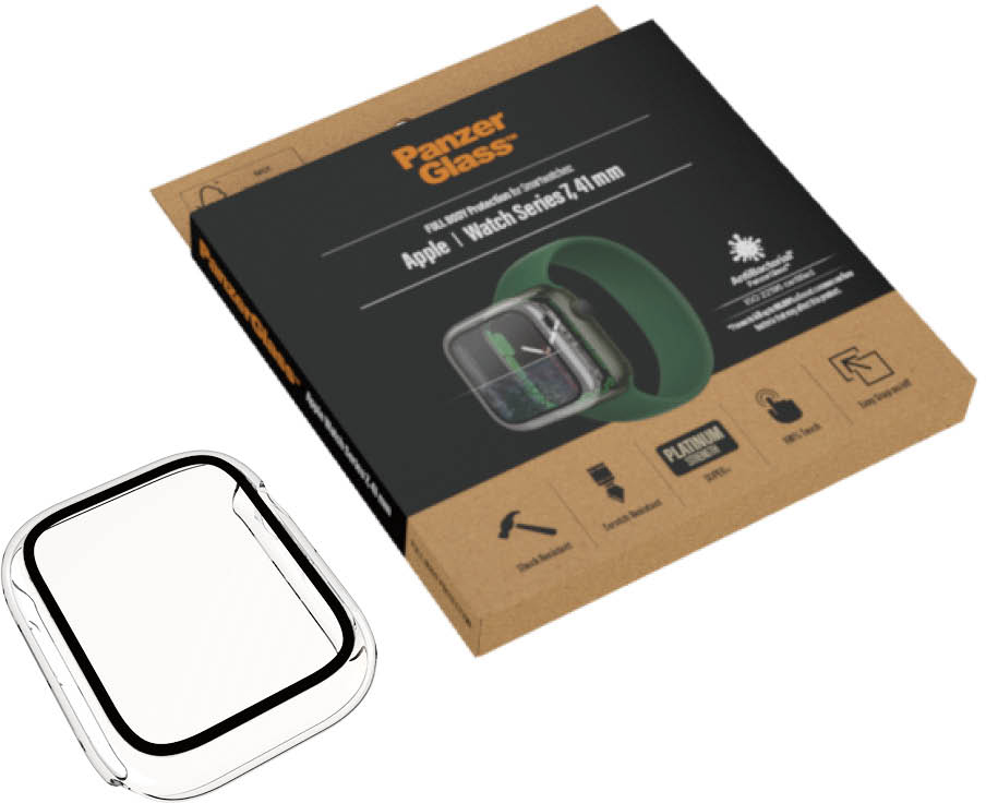 Verpakking voor een PanzerGlass schermbeschermer voor een Apple Watch en het product zelf.