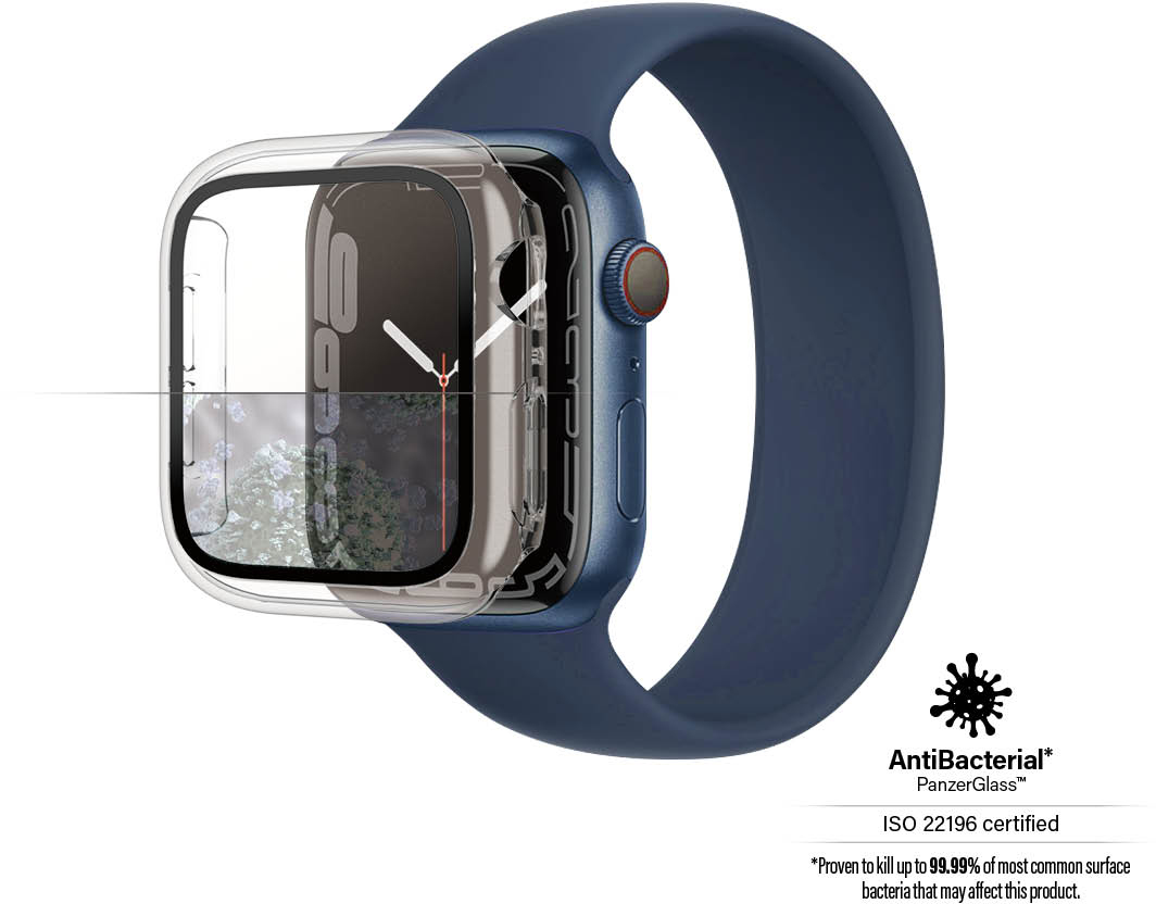 Een Apple Watch met een doorzichtige hoes en een blauwe band, met tekst over antibacteriële functies.