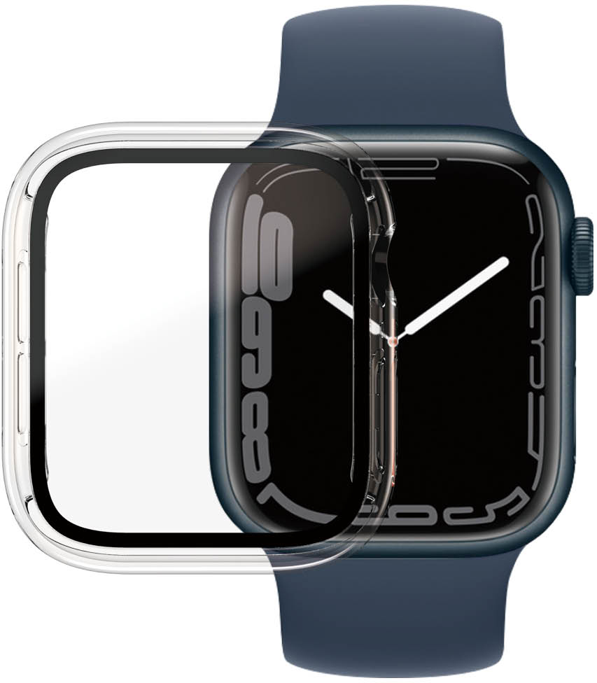 Blauw smartwatch met een transparante beschermhoes. Het scherm is zwart en toont de tijd.