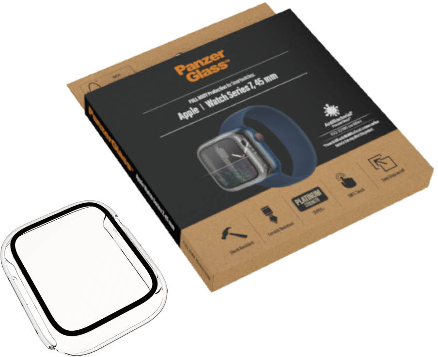 Verpakking voor Apple Watch-schermbeschermer, met horloge en beschermer zichtbaar. Bruin en zwart.