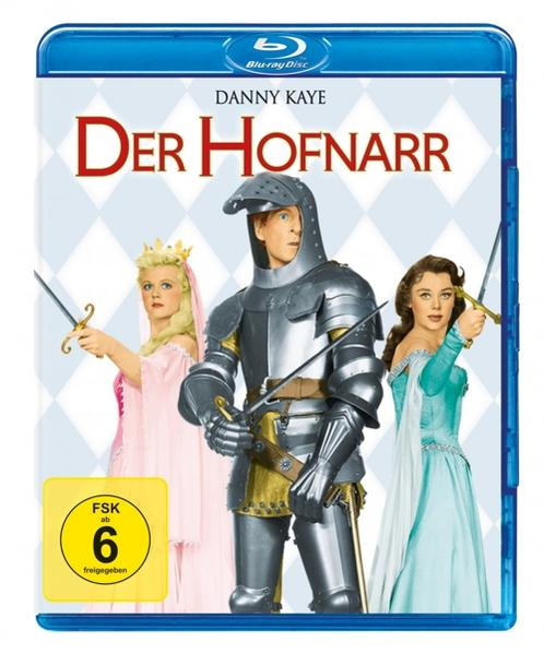 Blu-ray-Cover von 'Der Hofnarr' mit Danny Kaye in Rüstung und zwei Frauen. Blauer Hintergrund.