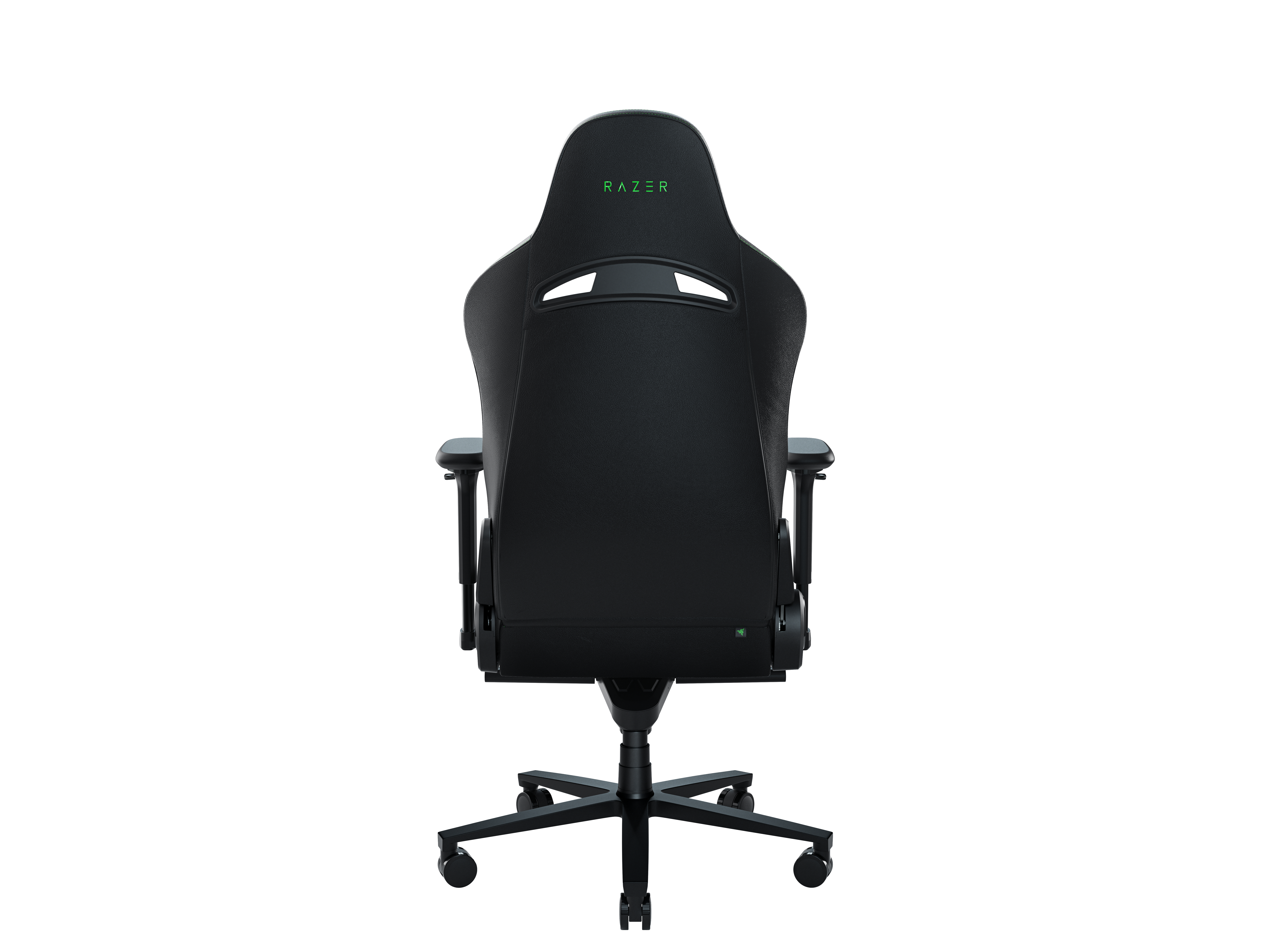 Schwarzer Razer Gaming-Stuhl, Rückansicht, mit Razer-Logo.