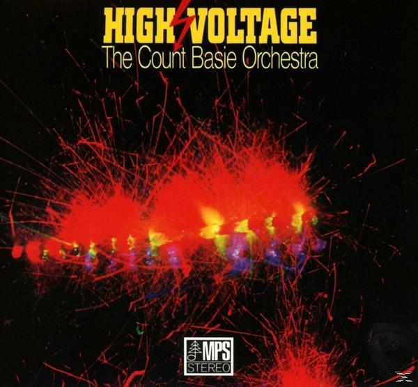 Albumcover: 'High Voltage' von The Count Basie Orchestra. Rote Blitze auf schwarzem Hintergrund.