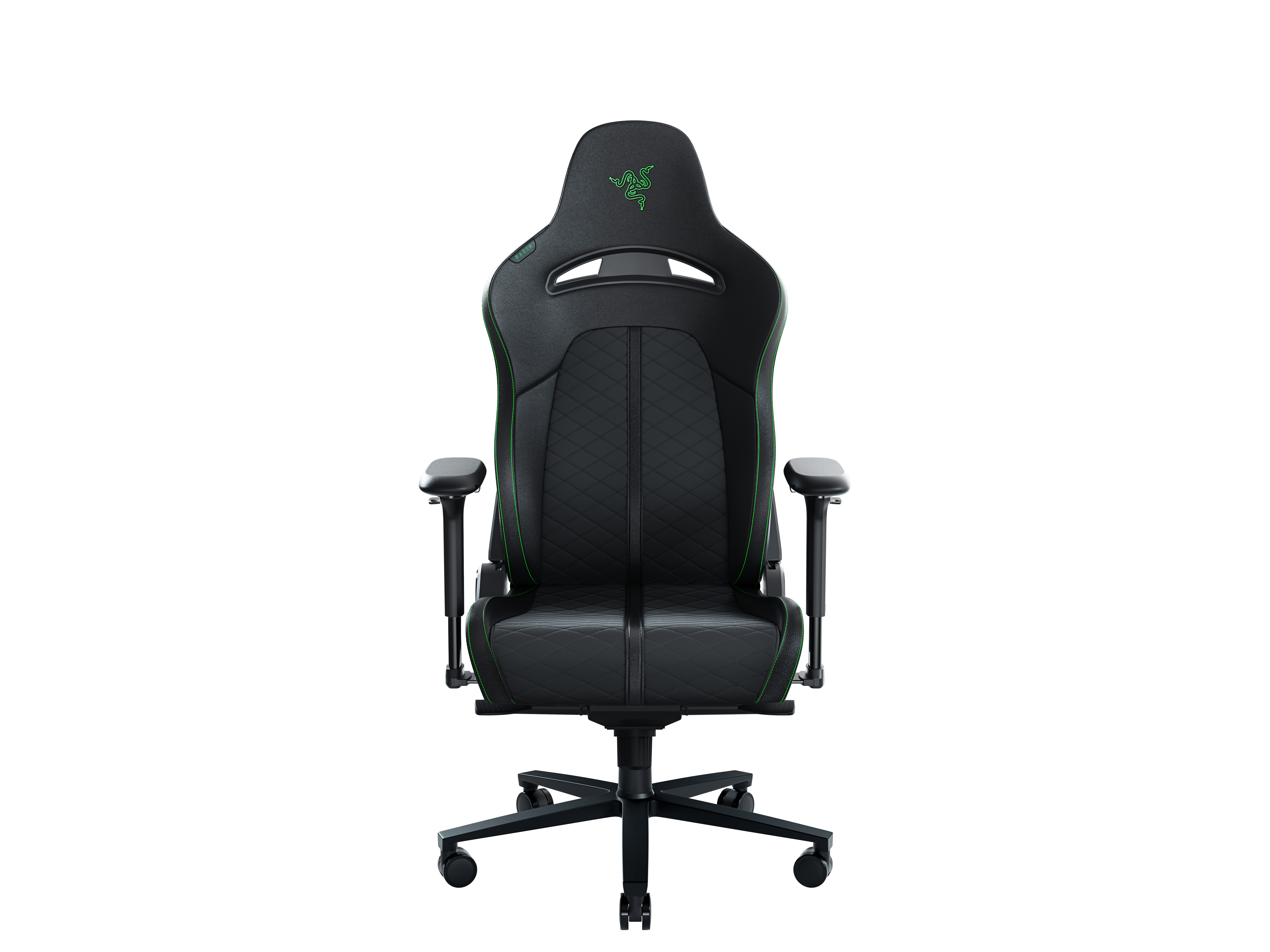 Schwarzer Razer Gaming-Stuhl. Grüne Akzente. Weißer Hintergrund.