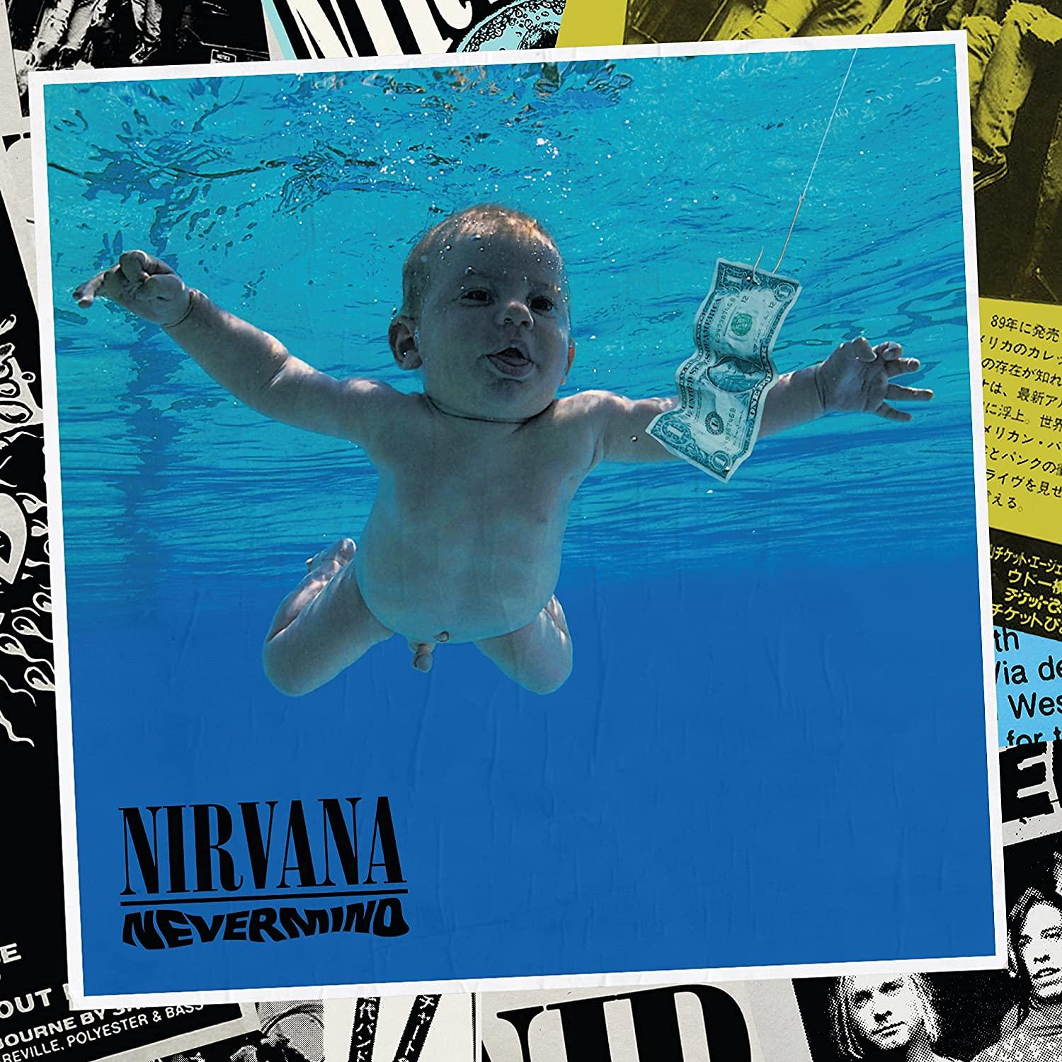 Nirvana Nevermind Albumcover. Baby im Wasser greift nach Dollar.