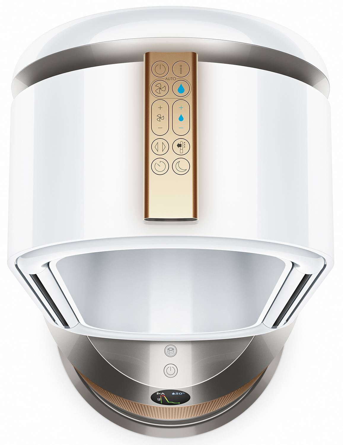 Een Dyson luchtreiniger, wit en zilver, met een gouden afstandsbediening bovenop.