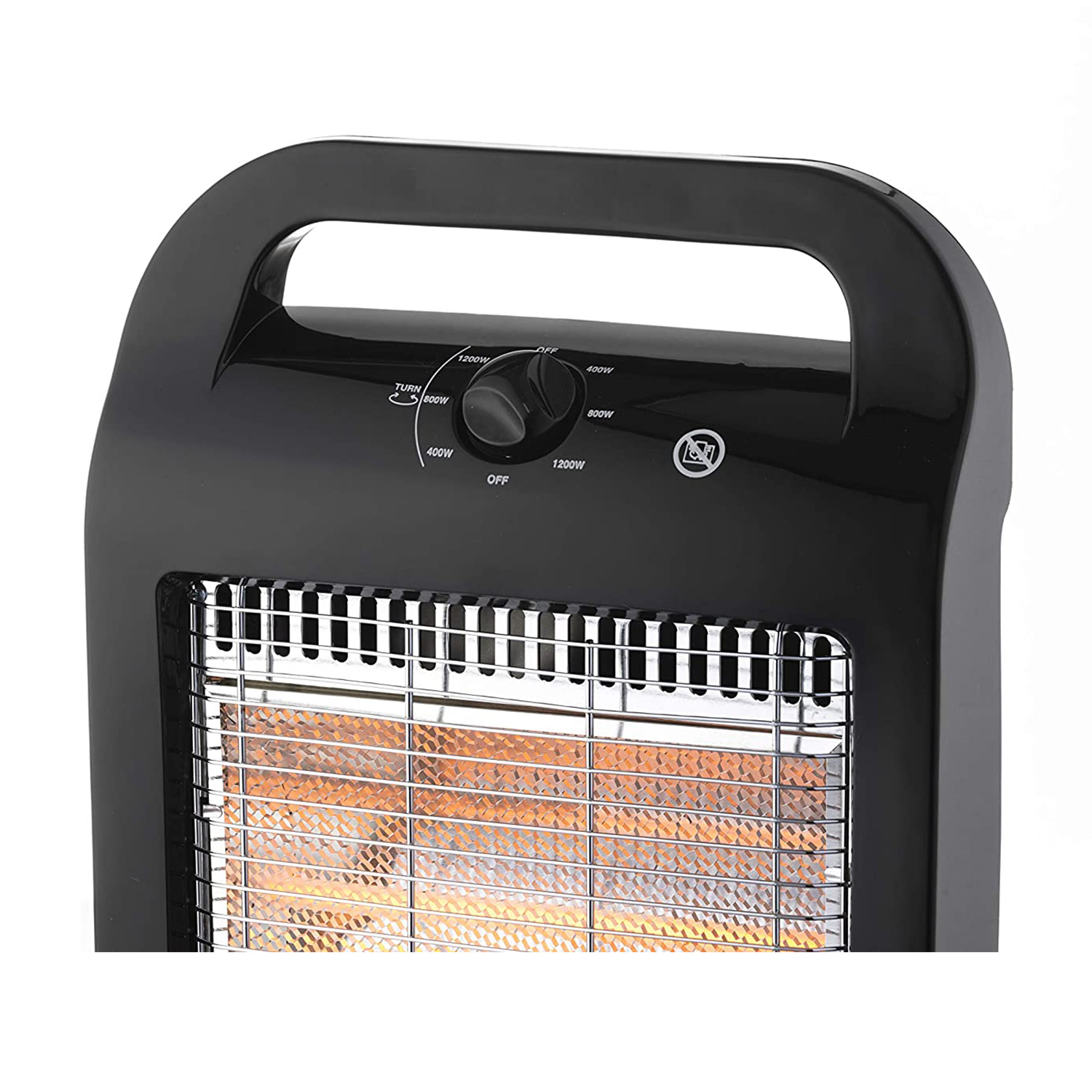 Termoventilatore nero con maniglia e impostazioni di potenza, primo piano su sfondo bianco.