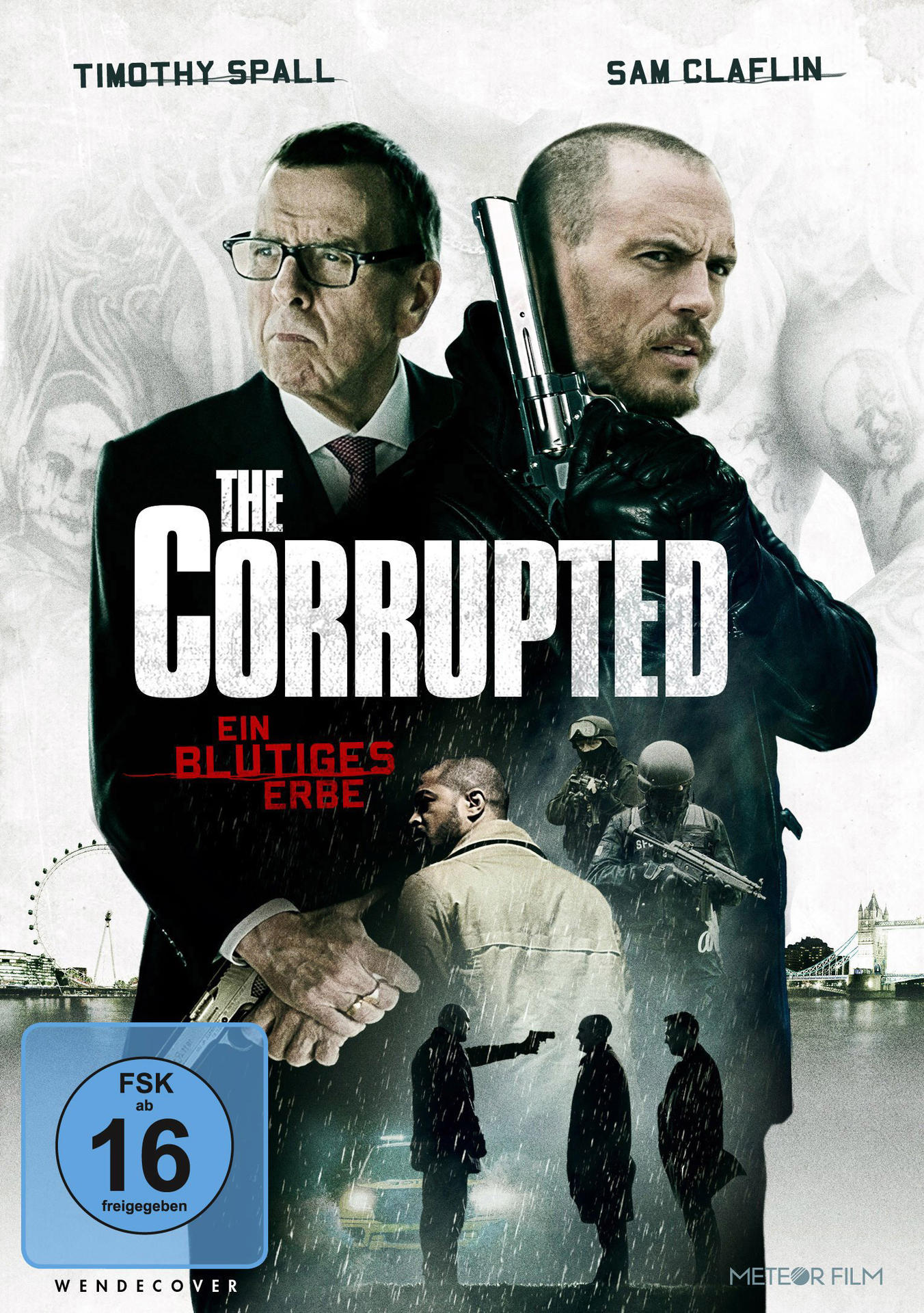 Ein Filmcover mit zwei Männern, einer mit Brille, der andere mit einer Waffe. Dunkler Hintergrund.