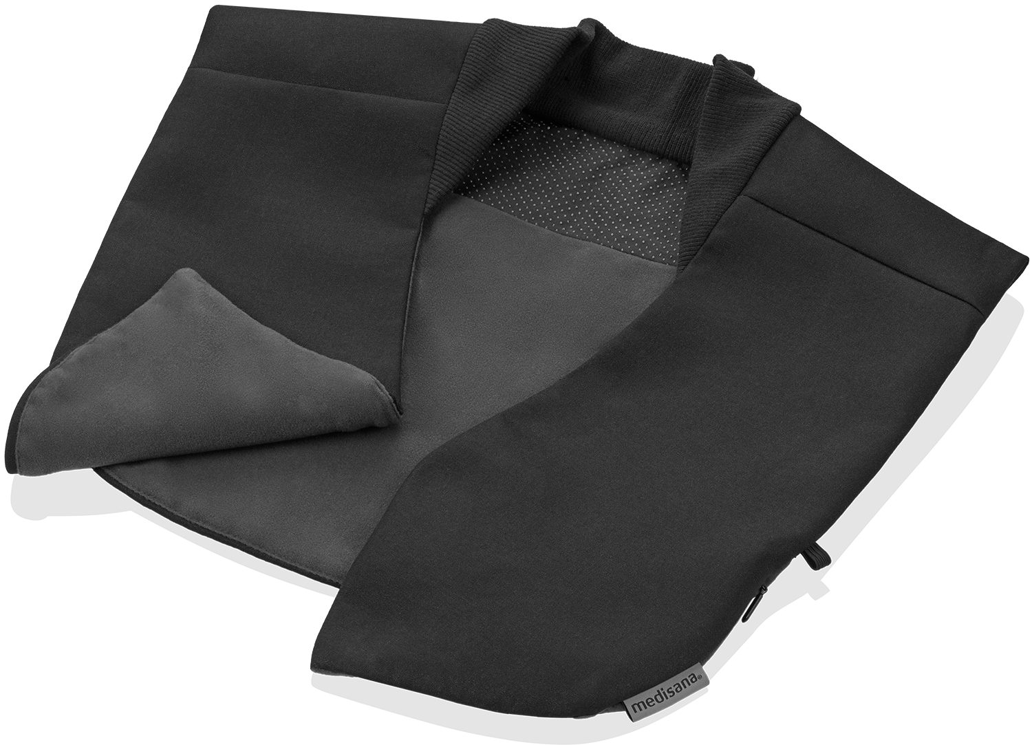 A folded black neck support cushion. It has a soft fleece layer and a dotted inside. The brand name 'medisana' is visible.