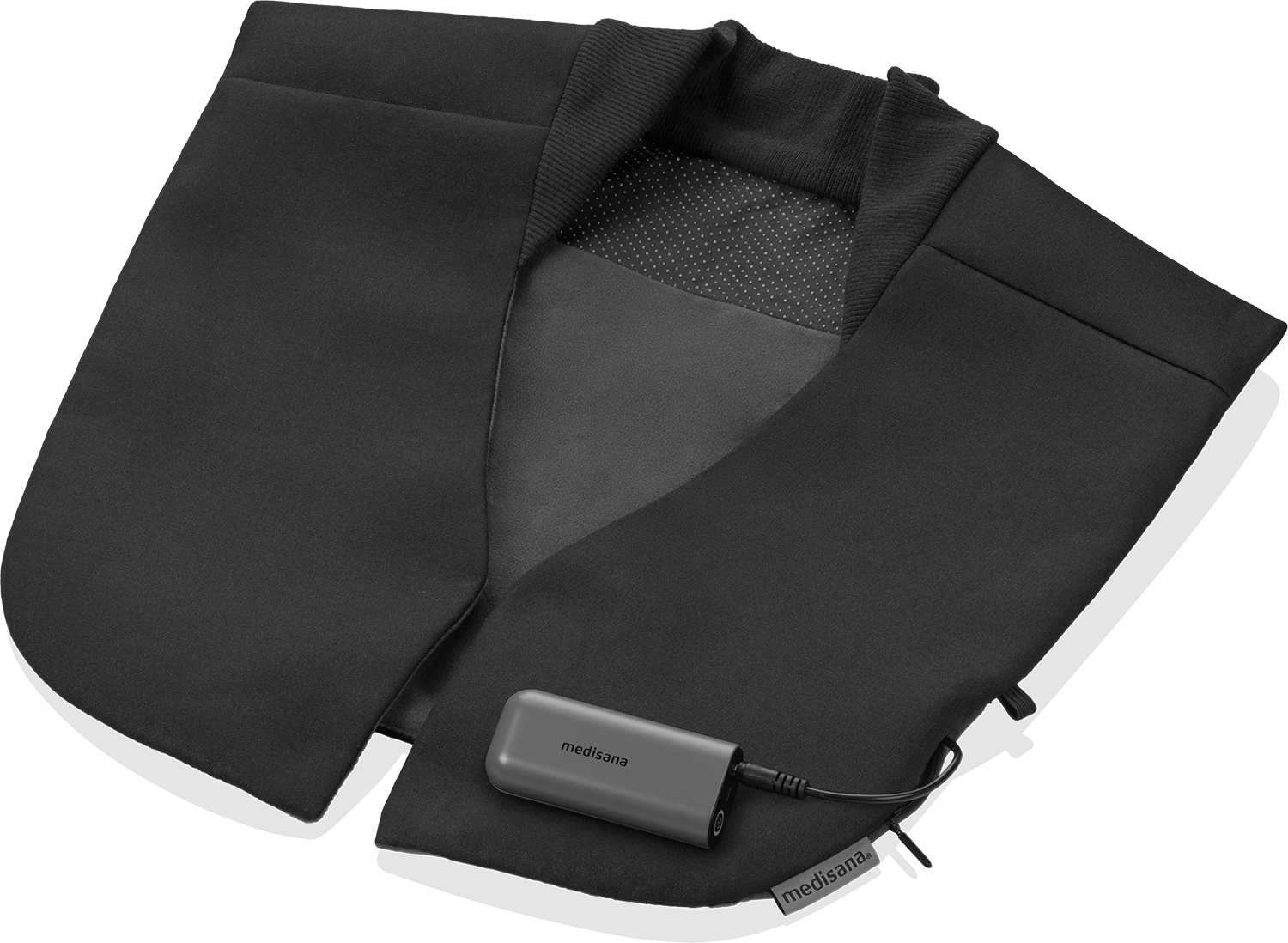 A black Medisana neck massager. It has a gray battery pack with the brand name. The massager is laid out on a reflective surface.
