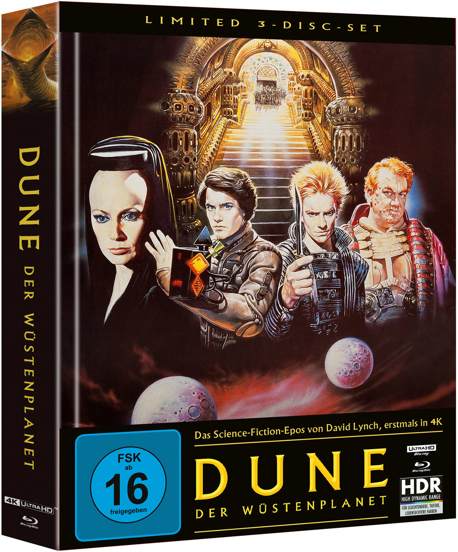 Dune Filmcover mit Schauspielern, Frau in Schwarz, Titel und Logo.