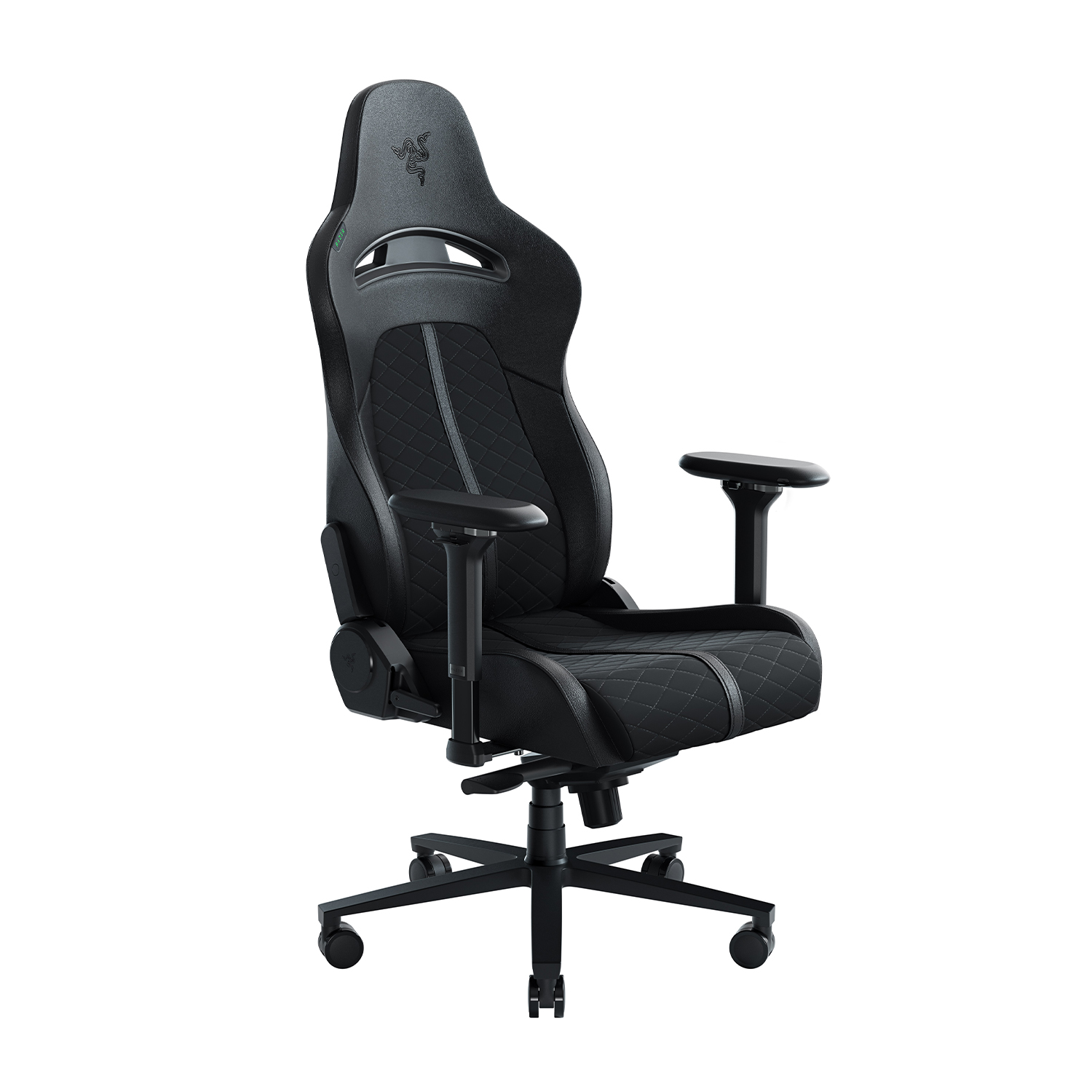 Sedia da gioco nera con poggiatesta. Ha braccioli e base a cinque ruote.