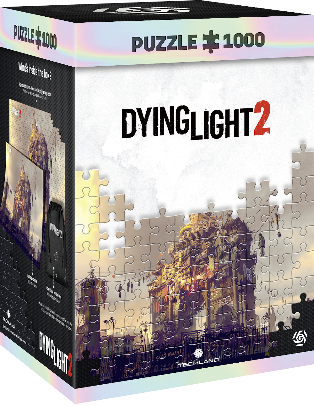 Egy kirakós doboz a Dying Light 2 játékhoz. A doboz egy városi jelenetet ábrázol.