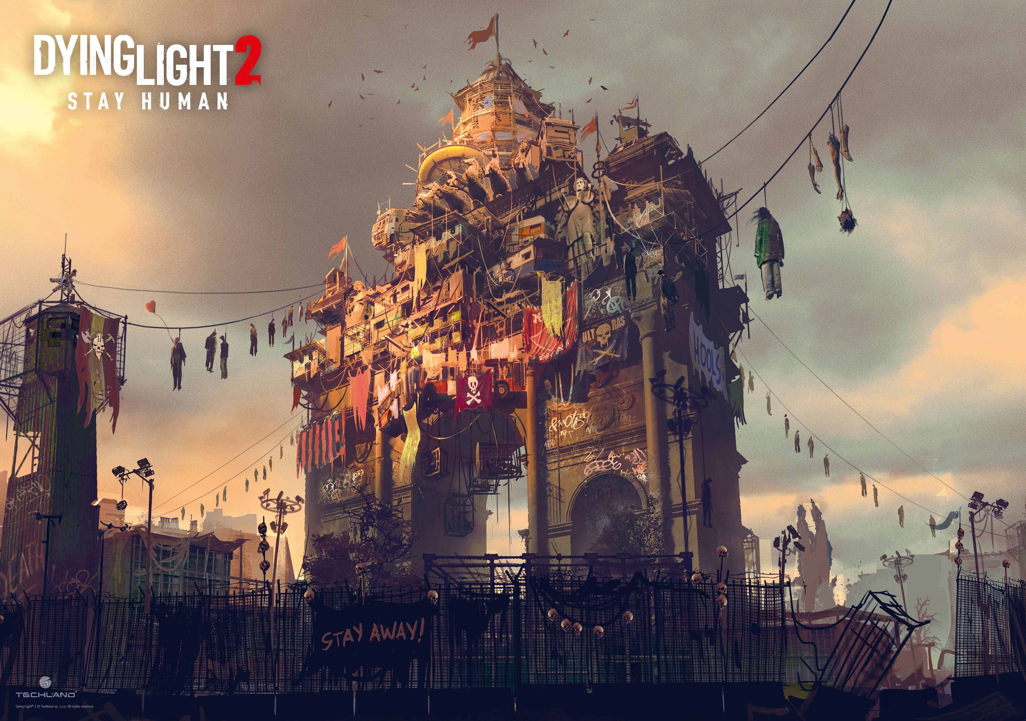 Dying Light 2 játékrajz: poszt-apokaliptikus város, lógó figurákkal és egy híddal.
