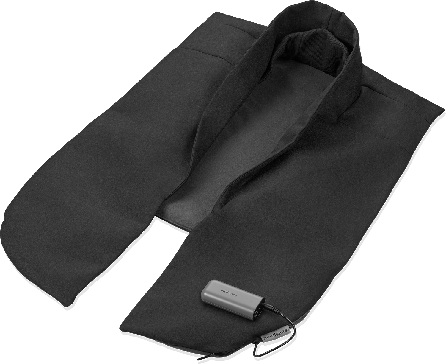 Black neck heating pad with a gray battery pack and a power cord.