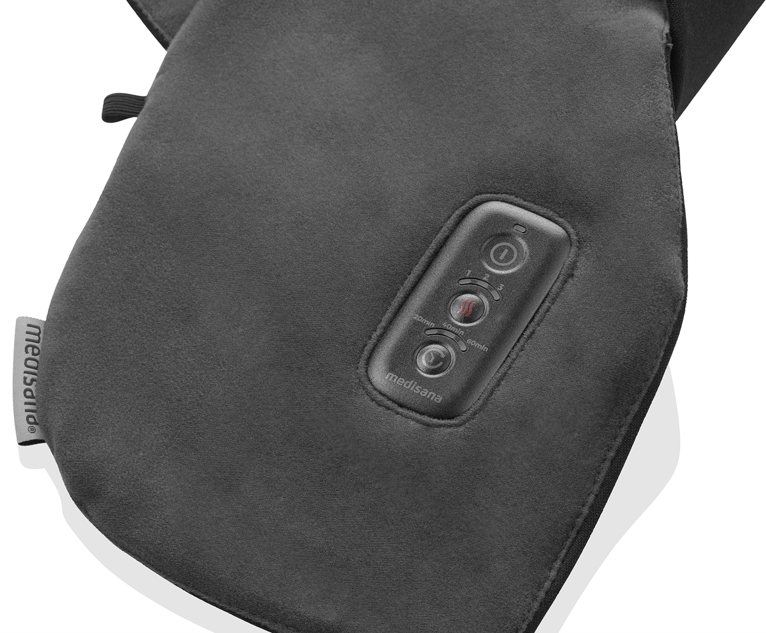 Black heating pad with a control panel. The panel has buttons and a brand name.