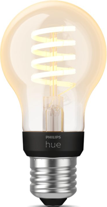 Gros plan sur une ampoule Philips Hue avec filament en spirale blanc.