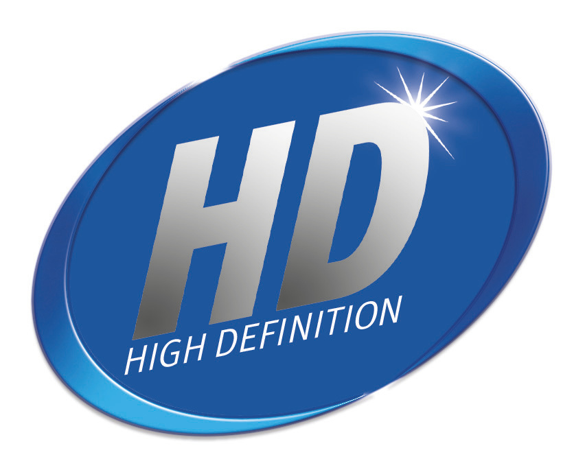 Blaues Oval mit 'HD' in Silber, darunter 'HIGH DEFINITION'. Ein weißer Sternenhimmel hinter dem 'D'.