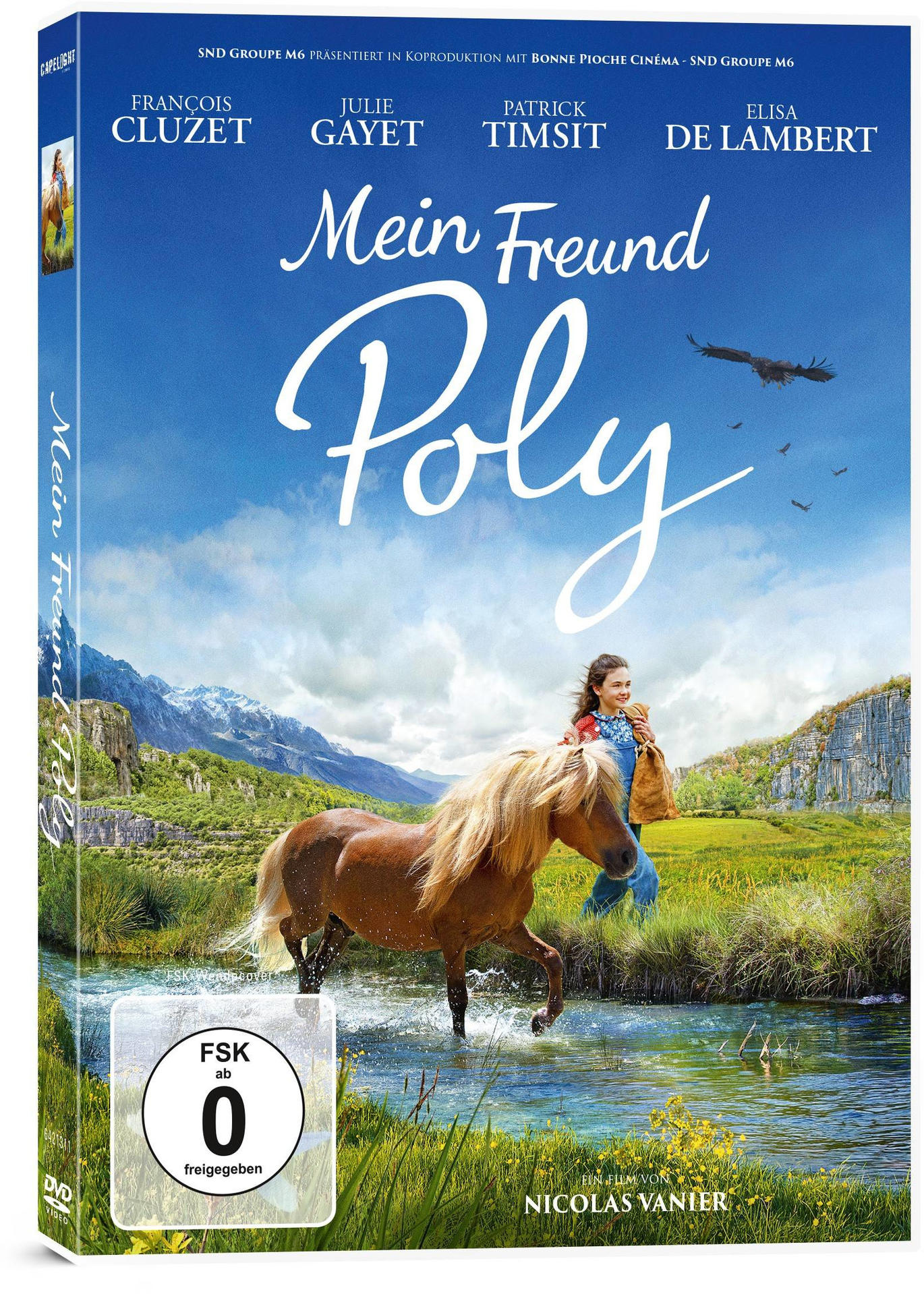 Film-DVD-Cover von Mädchen, Pferd im Wasser, Berg und blauem Himmel.
