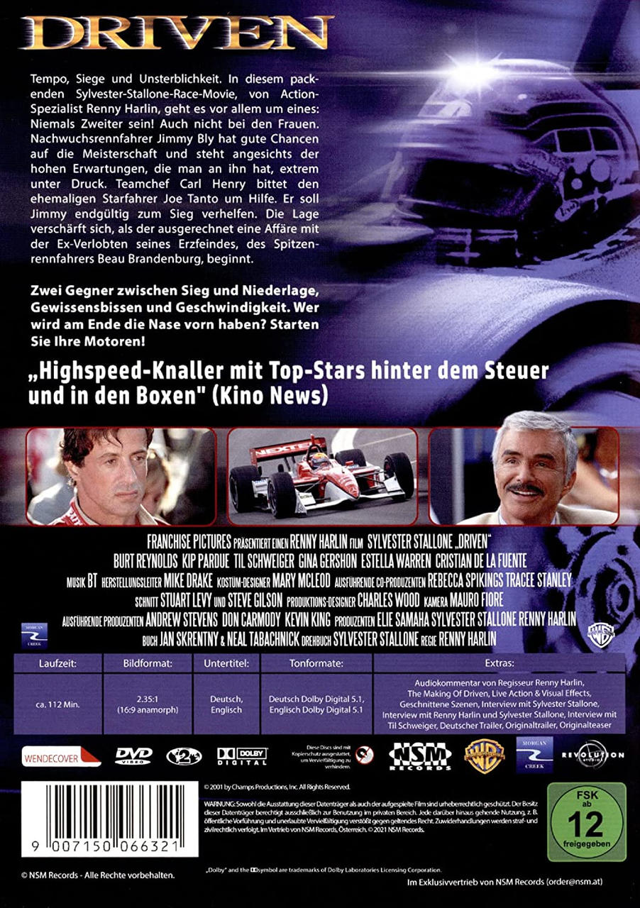 DVD-Hülle mit Text und Bildern von Rennwagen, einem Mann im Rennanzug und einem Mann im Anzug.