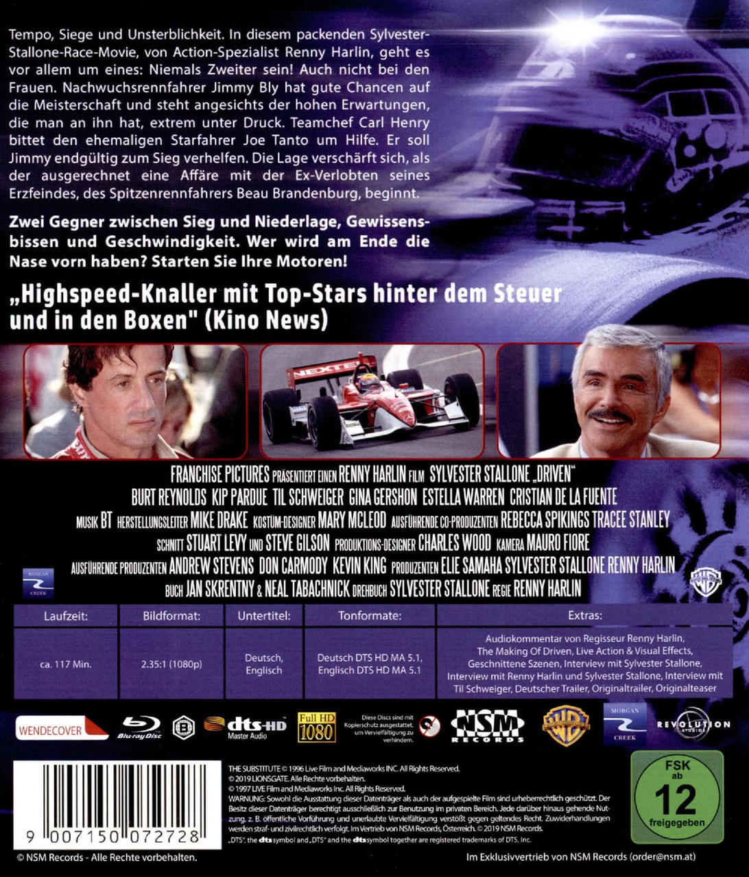 DVD-Rückseite mit Text und Bildern. Filmname: Driven. Mit Burt Reynolds, Sylvester Stallone.