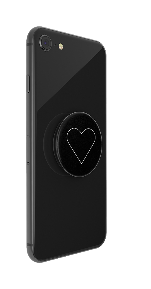 Ein schwarzes Smartphone mit einem schwarzen Pop-up-Sockel mit einer weißen Herzform.
