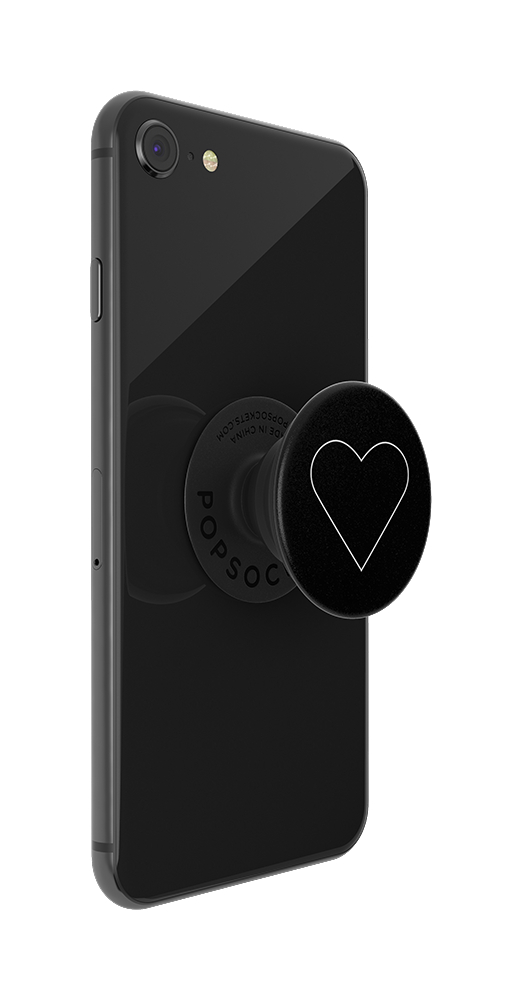 Ein schwarzes Telefon mit einem schwarzen Popsocket mit einem weißen Herzen darauf.